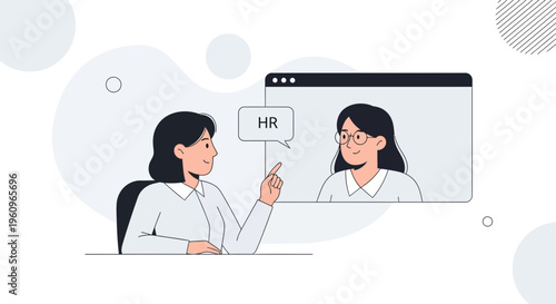 HR professional conducting online interview, pointing at screen with candidate
