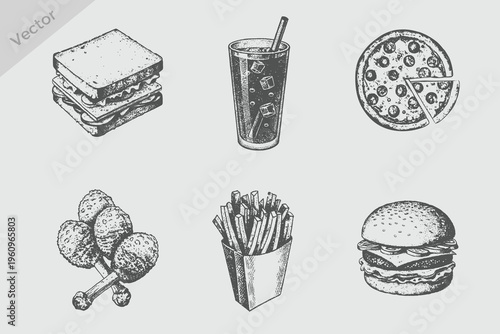Hand drawn sketch style fast food set vector illustration. Design element for menu, restaurant, internet food delivery Burger, french fries, chicken, pizza, drink, sandwich
