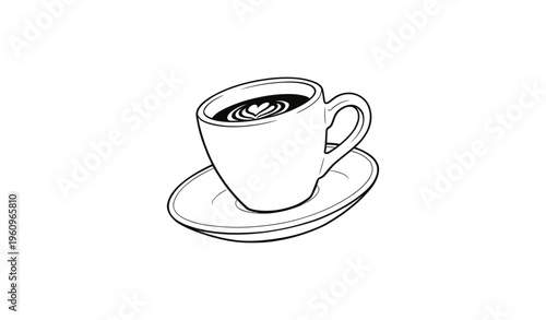Minimalistic black and white coffee cup with latte art on a saucer