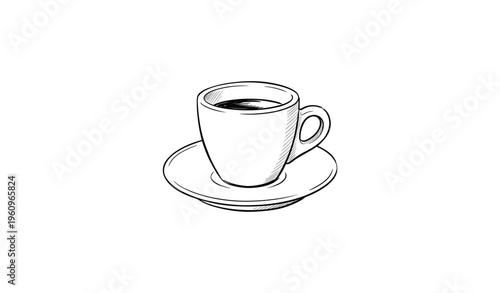 Sketch of a coffee cup on saucer with simple black and white lines