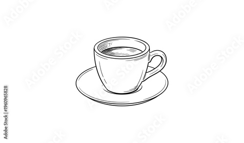 Hand-drawn coffee cup on saucer line art illustration