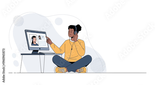 Person with headphones using a computer for online learning or remote work