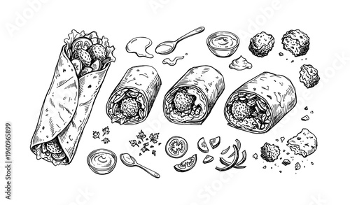 Hand-drawn illustration of tasty falafel wraps with ingredients and sauces