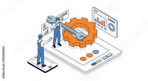 Isometric technicians fixing system with gear wrench for technical maintenance and software development service support