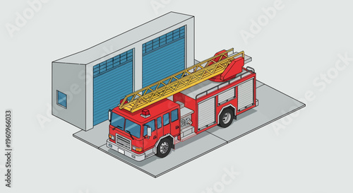 Isometric Red Fire Truck With Yellow Ladder Parked Outside A Garage Station For Emergency Rescue Services Support Operations