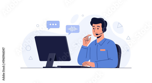 Customer service agent with headset working on computer, communication concept