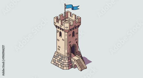 Stone castle tower blue flag stairs game asset fort guard defense watchtower isometric vector graphics