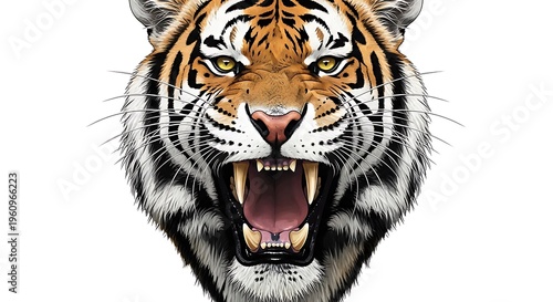 A fierce tiger with its mouth open and teeth bared aggressively