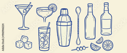 Cocktail elements set outline sketch vector illustration