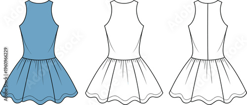 Sleeveless pleated dress flat vector, front and back technical illustration
