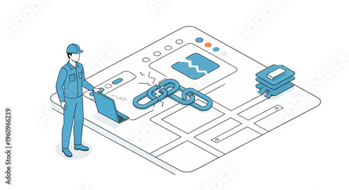 Man fixing broken network link on digital screen interface using laptop computer in isometric style