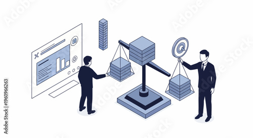 Professional business team analyzing data charts and weighing blocks on scale for strategy and corporate balance growth