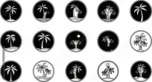 Various tropical island palm tree icons with sandy shores