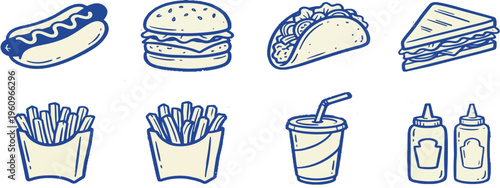 Fast food elements set outline sketch vector illustration