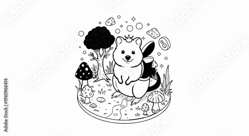 Whimsical quokka with crown and wings in a mushroom forest