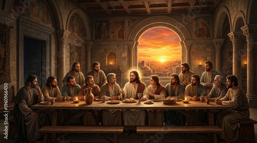 Jesus Christ and his twelve disciples share a solemn last supper meal in an ancient stone room with a beautiful sunset city view