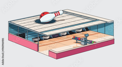 Modern isometric bowling alley building with giant pin and ball on roof featuring lanes interior equipment for sports recreation fun