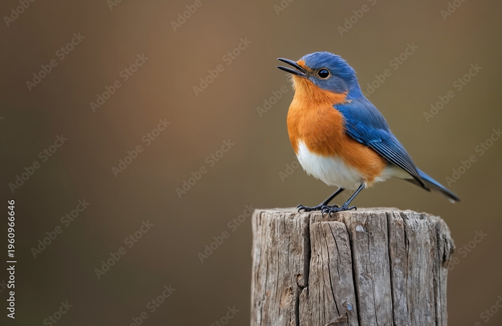 Fototapeta premium Male bluebird with orange breast sits on wooden post. Bird sings with open beak. Small passerine perches outdoors in natural environment. Focus on avian wildlife.