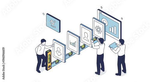 Business team working together building digital interface system workflow management project professional developers creating modern data dashboard solution