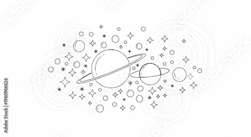 Whimsical sketch of planets and stars with swirling cosmic backgrounds