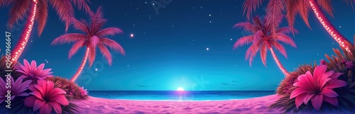 Neon palm trees and bright pink flowers adorn a sandy beach at night. Ocean waves gently lap the shore under a starry blue sky. Exotic vacation scene.