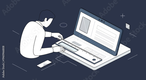 Man at desk with pc for web app work and ui ux plan dev task