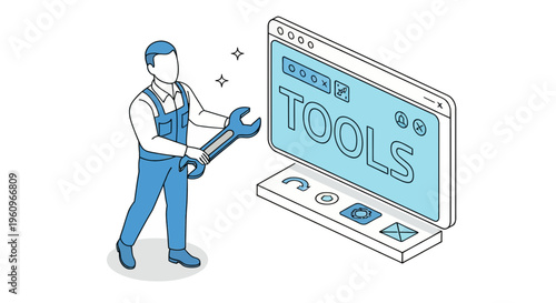 Technician repairman holding giant wrench to fix digital software tools on a laptop computer screen