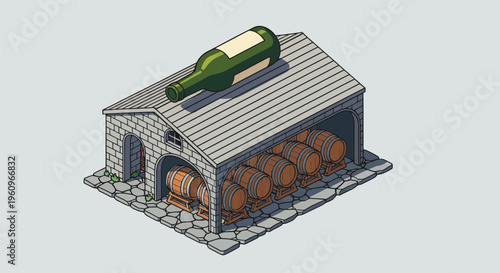 Isometric stone winery building vector cellar containing wooden oak barrels and green wine bottle storage