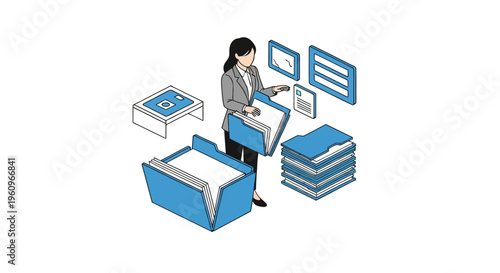Business woman organizing digital files and folders for efficient data management in professional office vector