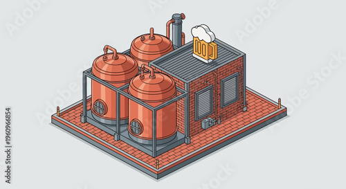 Old beer brew lab with big gold kegs plus a foam cup sign on top