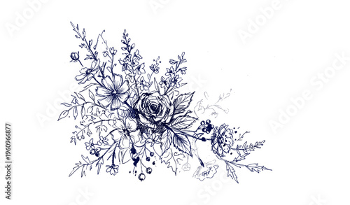Intricate ink floral bouquet illustration with roses and leaves