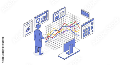 Professional male data analyst analyzing complex financial growth charts and interactive digital business dashboard statistics for success