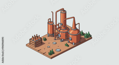 Small 3d isometric copper alcohol distillery factory plant with old stills and glass bottles in crate icon
