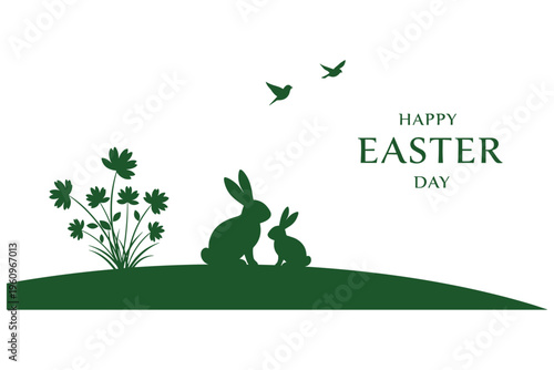 Green silhouette illustration for Easter, featuring mother and baby rabbits, spring flowers, and birds, symbolizing new life, family, and joy