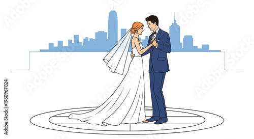 A bride and groom dance on a city roof for their big wedding day party