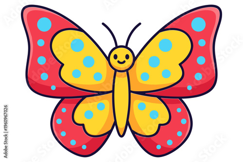 Vibrant cartoon butterfly illustration featuring cheerful colors and playful spots, perfect for children's designs and nature themes, evoking a sense of joy and imagination