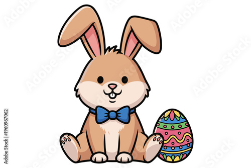 Cute cartoon Easter bunny with a decorated egg, sitting and smiling, a perfect illustration for springtime celebrations and children's holiday events