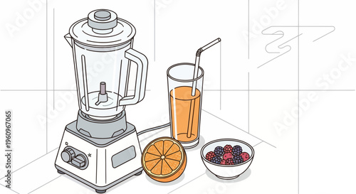 Electric blender with glass of orange juice and bowl of fresh berries