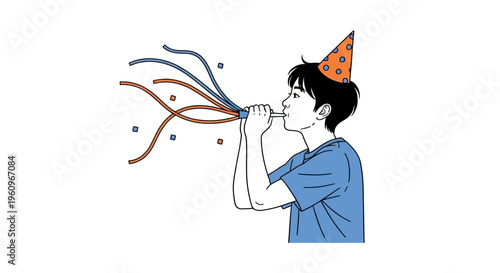 Boy in hat blowing horn for happy party event with fun confetti and wavy streamers
