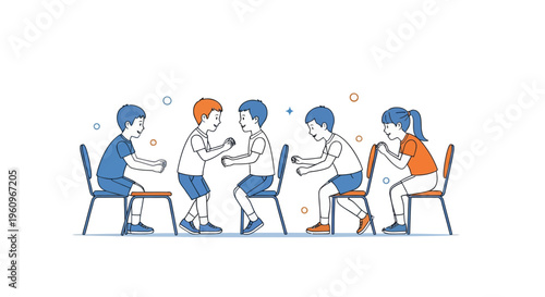 A few kids play fun chair game at school with happy and young smiling faces