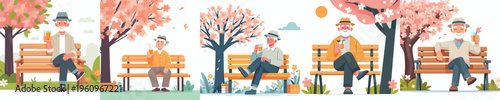 vector of a grandpa sitting on a park bench drinking orange juice in spring