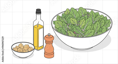 Green Salad Bowl Oil Pepper Mill Tofu Cubes Food Prep Healthy Diet Organic Life Art Vector