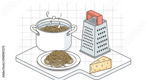 Pot boil pasta food meal cook tool art line dish plate cheese grater ink set