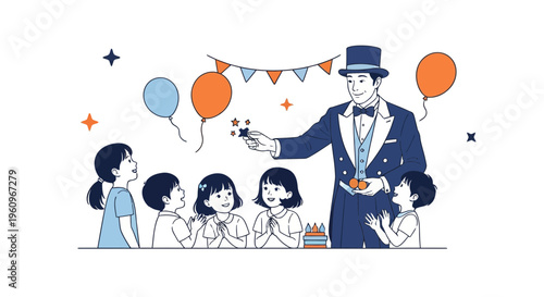 Professional magician showing incredible magic tricks to young children during a happy birthday party celebration event