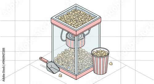A pink red pop corn maker machine scoop and cup snack food item icon set
