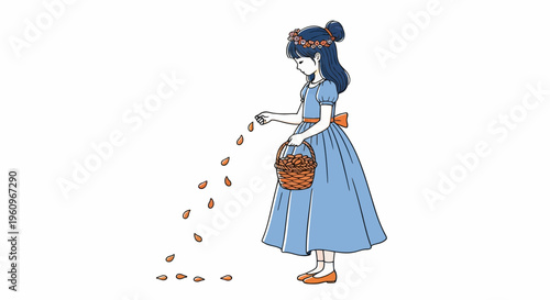 Cute young girl in blue dress with flower crown scattering flower petals from basket on white background vector art