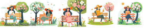vector of a woman sitting on a park bench drinking orange juice in spring