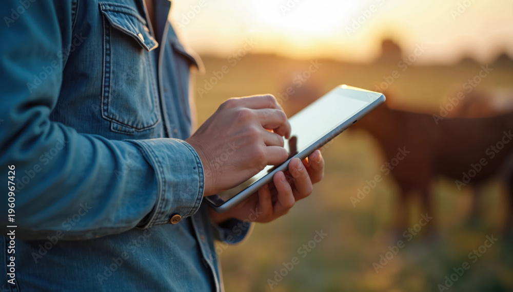 Fototapeta premium Farmer uses tablet for farm management. Man checks livestock data on digital device outdoors. Smart agriculture technology improves farm productivity. Horses graze in field.
