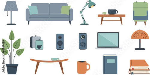 Various items for a cozy home interior, including furniture and decor