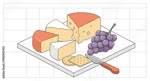 Vector illustration of a gourmet cheese board with swiss brie grapes crackers and a knife for food snacks